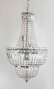 Luxury chandelier made of polished crystals and chrome metal with dimmable feature, 40cm diameter, highlighting exquisite design.