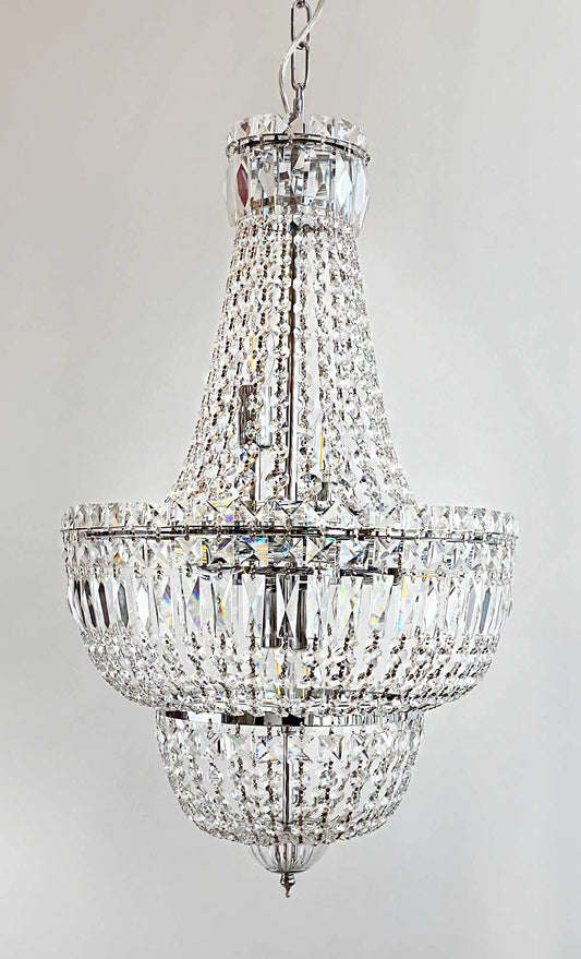 Luxury chandelier made of polished crystals and chrome metal with dimmable feature, 40cm diameter, highlighting exquisite design.