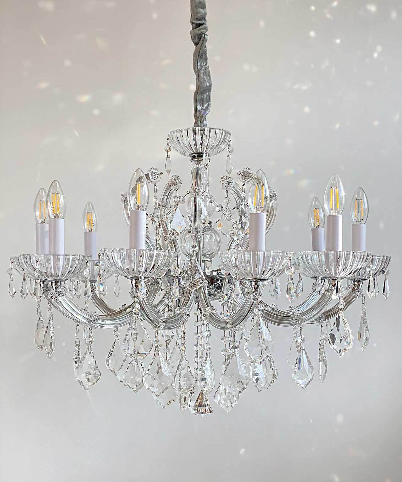 Kristall Kronleuchter SERENADE in Silber, 10 Leuchten, Ø72cm, mit Kristallglasarmen, elegant und dimmbar, ideal für stilvolle Räume.