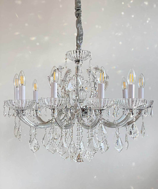 Kristall Kronleuchter SERENADE in Silber, 10 Leuchten, Ø72cm, mit Kristallglasarmen, elegant und dimmbar, ideal für stilvolle Räume.