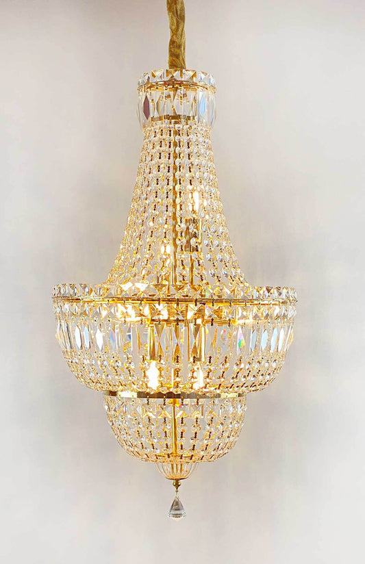 Impero Korblüster Empire SETTAT chandelier, 40cm diameter, 24kt gold, crystal design, dimmable, ideal for elegant interiors.