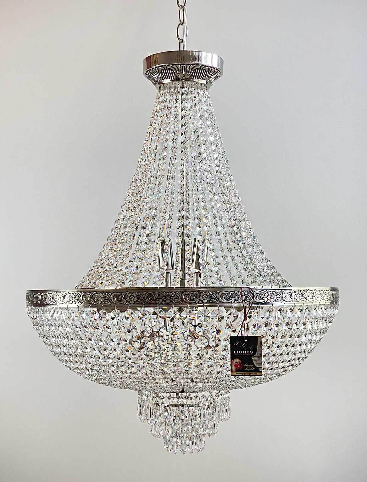 Kristall Korblüster PLAZA Ø60cm in Silber, gefertigt aus geschliffenen Kristallen, dimmbar, beeindruckender Verzierung, elegantes Design