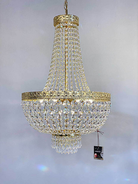 Luxurious gold crystal chandelier, KRISTALL KORBLÜSTER AMSTERDAM Ø45cm, with dazzling lead crystals, E14 LED compatible.