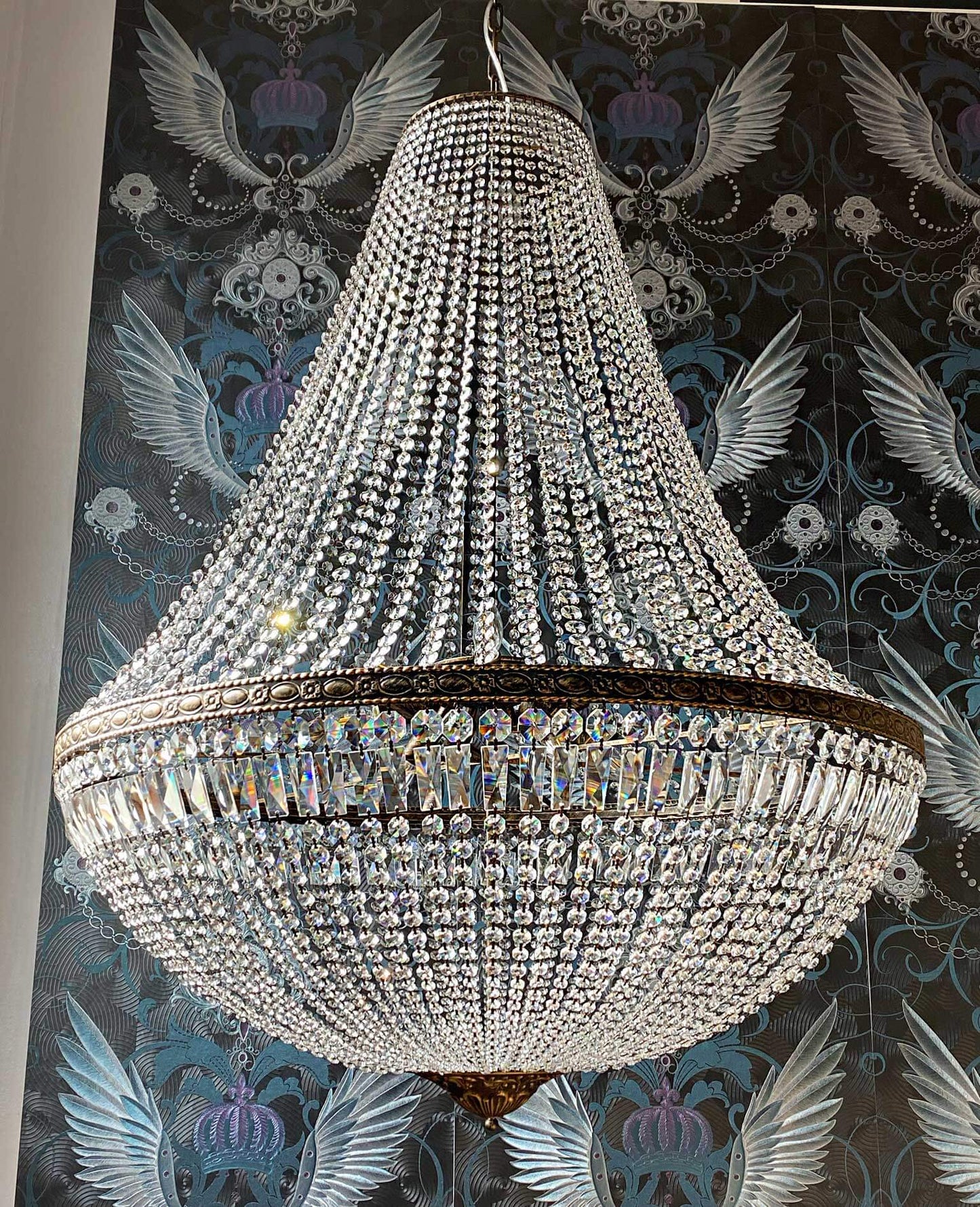Luxurious antique basket chandelier Florence Ø120cm with sparkling cut crystals, perfect statement piece for any room.