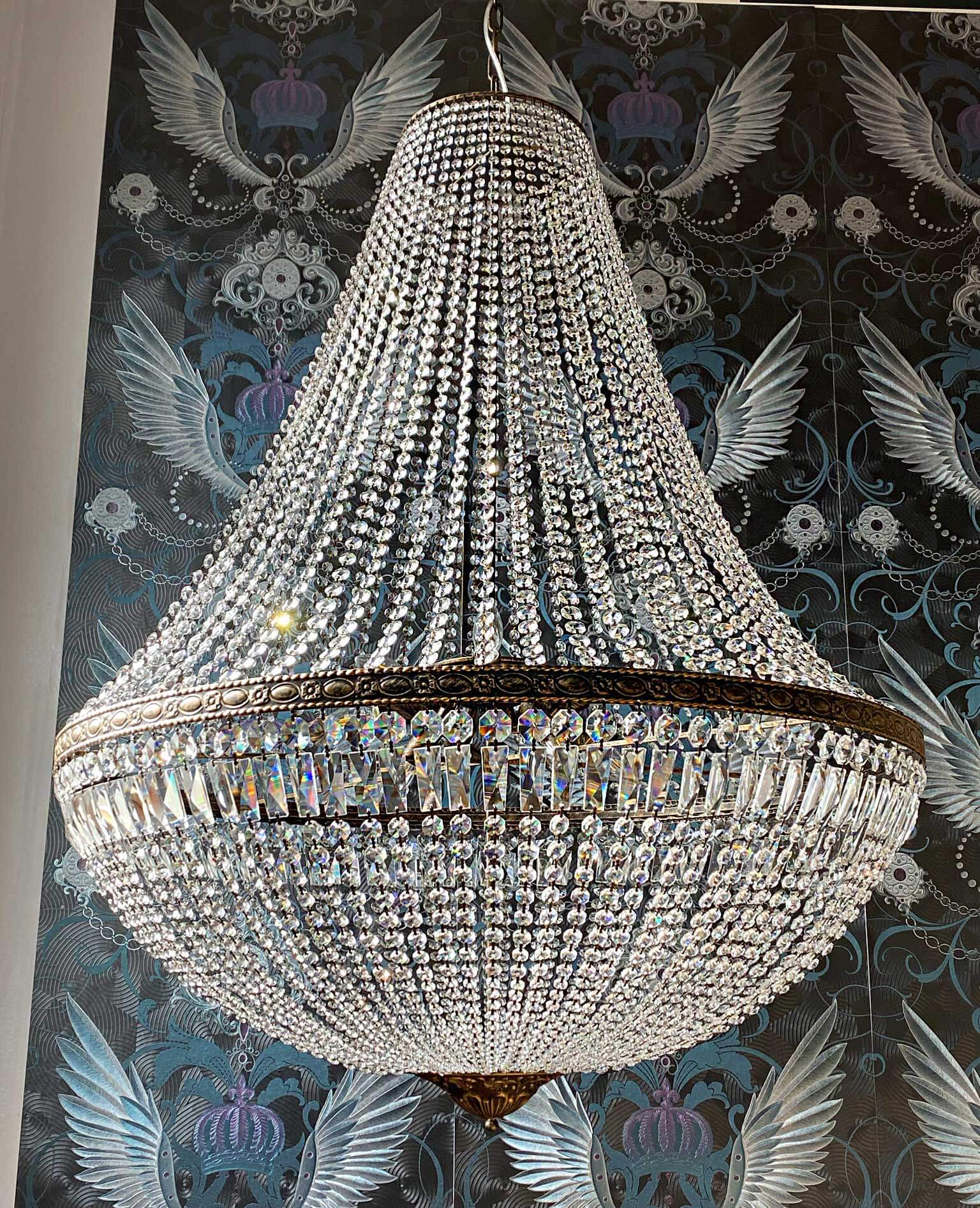 Luxurious antique basket chandelier Florence Ø120cm with sparkling cut crystals, perfect statement piece for any room.