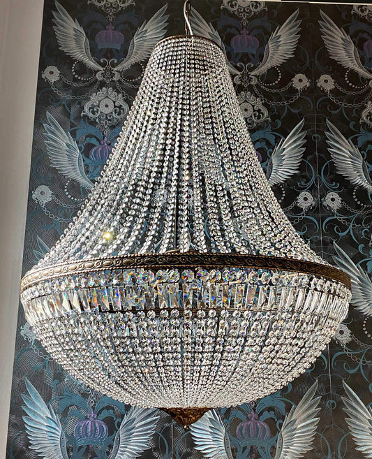 Luxurious antique basket chandelier Florence Ø120cm with sparkling cut crystals, perfect statement piece for any room.