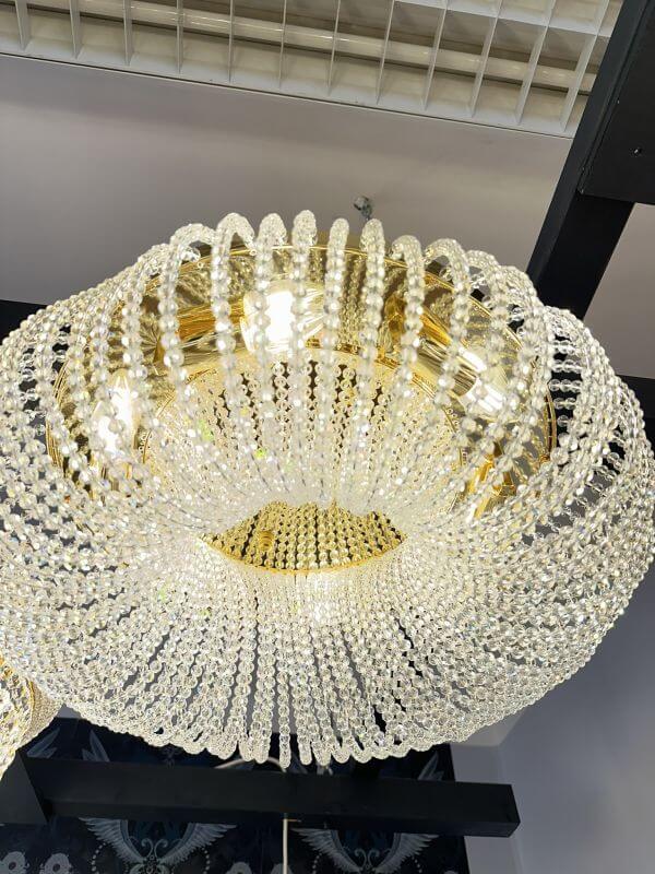 Luxurious Belvedere crystal ceiling light in gold, 55cm diameter, featuring intricate cut crystals, creating a sparkling room centerpiece.