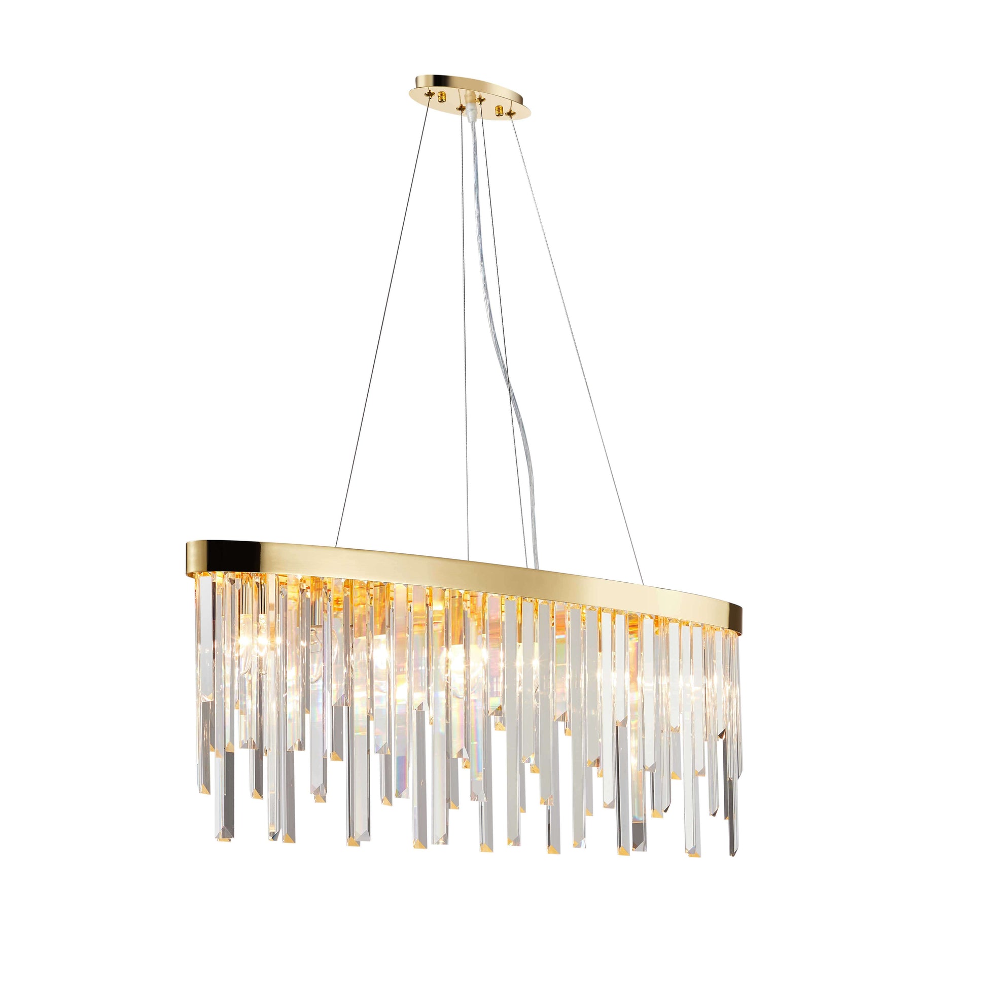 Starnberg 90cm gold pendant light with sparkling crystal rods, dimmable, adjustable height, ideal for elegant interiors.