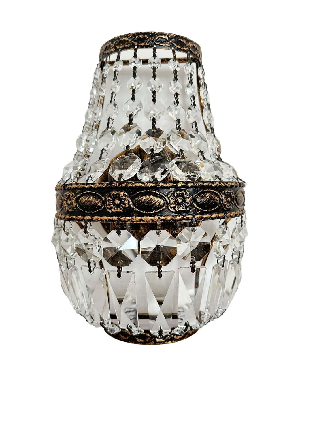 Antique Florence wall light with sparkling crystal rods, dimmable, 30cm height, 2kg weight, suitable for E14 LED or Halogen bulbs.