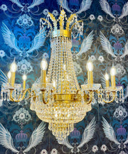 Empire Kristall Korb chandelier with 21 lights, featuring brass and crystal details, adjustable height, and dimmable feature.