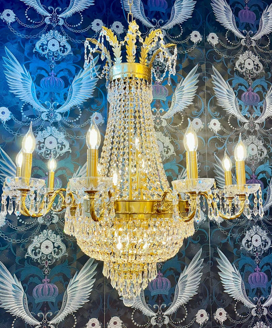 Empire Kristall Korb chandelier with 21 lights, featuring brass and crystal details, adjustable height, and dimmable feature.
