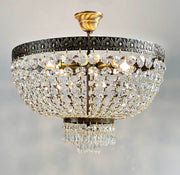Antique gold crystal ceiling light with sparkling lead crystals, 45cm diameter, dimmable, 6-bulb, elegant and classic design.