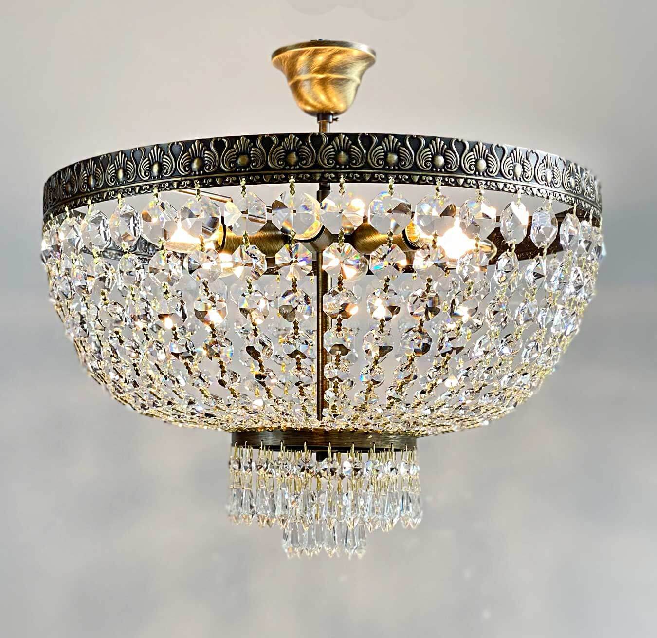 Antique gold crystal ceiling light with sparkling lead crystals, 45cm diameter, dimmable, 6-bulb, elegant and classic design.