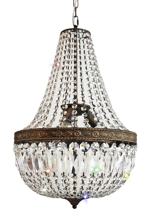 Antique-style Ø40cm crystal basket chandelier with dimmable lighting, metal and cut crystals, perfect for elegant interiors.