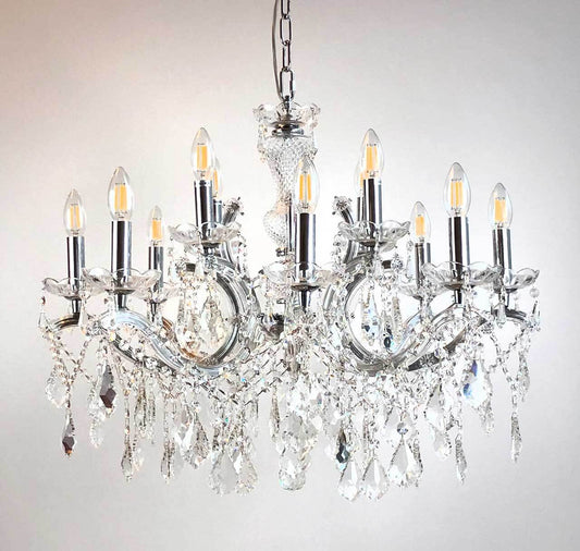 Eleganter Kristall-Kronleuchter in Silber, 12-Leuchten mit Glasarmen, Ø72cm, Messing/Chrom/Kristallglas, dimmbar, klassisches Design.