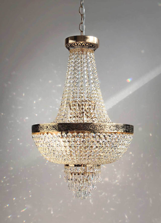 Korblüster PLAZA Gold chandelier with cut crystals, 40cm or 60cm diameter. Features dimmable lighting, gold metal finish, sparkling design.