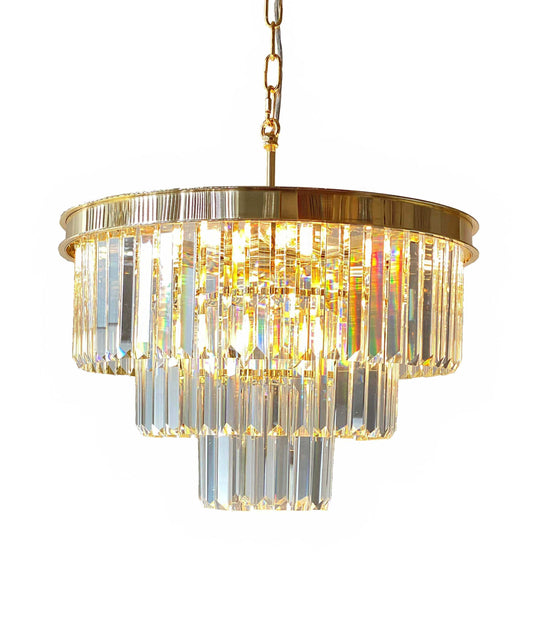 Elegant gold pendant light with crystal rods, 50cm diameter, dimmable design. Perfect luxury lighting for modern interiors.