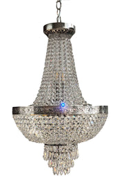 Elegant silver chandelier with cut crystals, hanging from ceiling, offering dimmable lighting and luxurious sparkle in any room.