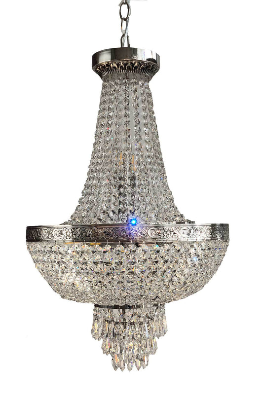 Elegant silver chandelier with cut crystals, hanging from ceiling, offering dimmable lighting and luxurious sparkle in any room.
