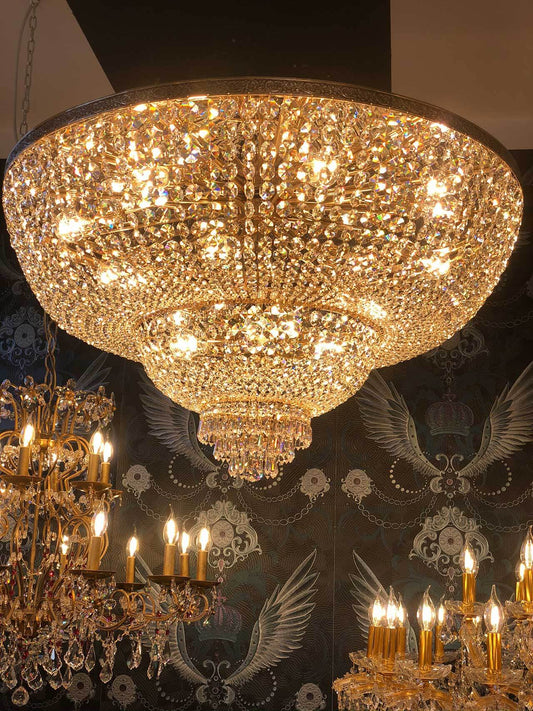 Luxurious gold crystal ceiling chandelier with shimmering crystals, ideal for elegant room decor, diameter 100cm, dimmable option.