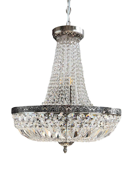 Antique silver Kristall Korblüster chandelier with eight lights and French cut crystals, diameter 45cm, elegant and dimmable design.