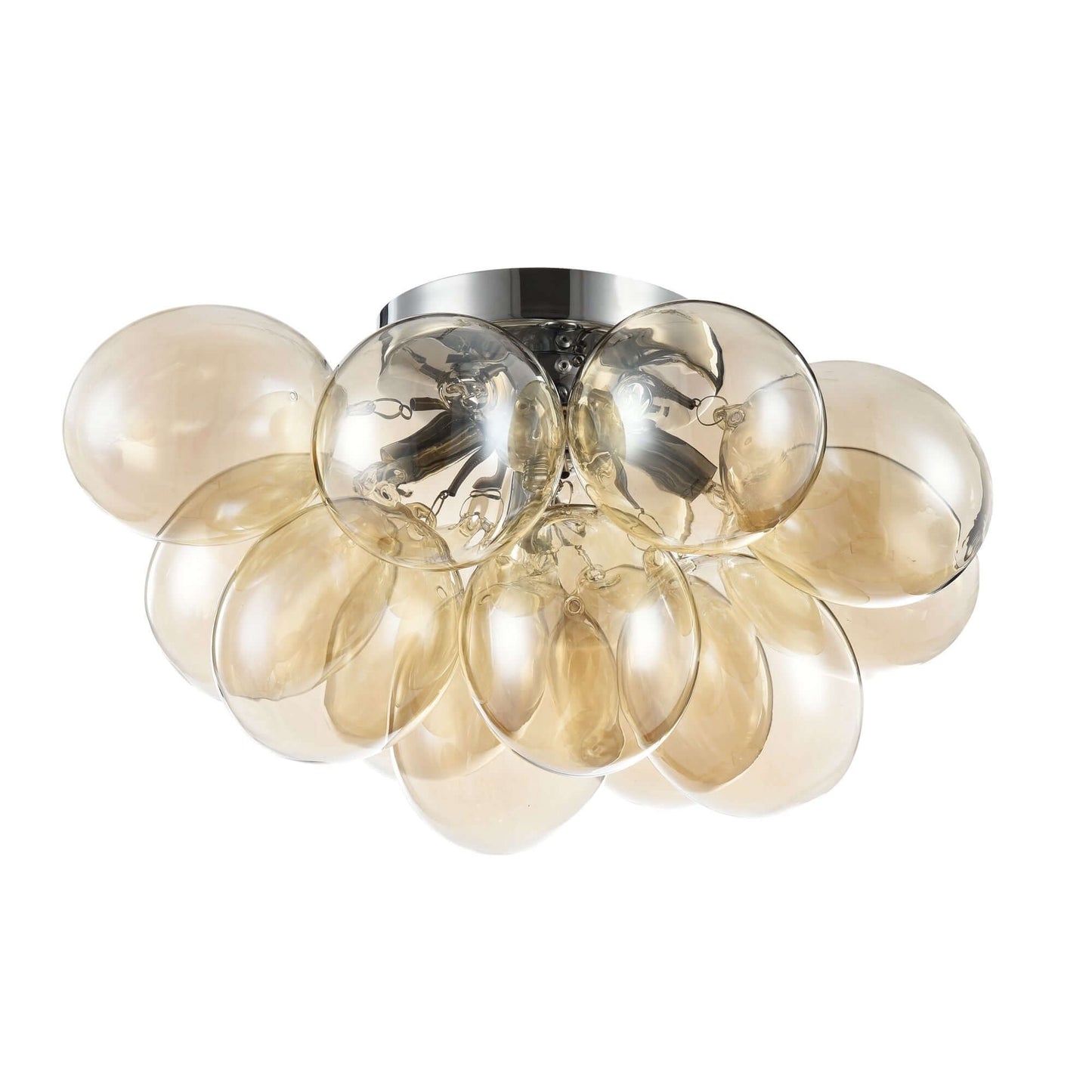 Maytoni Deckenleuchte Balbo in Nickel with cognac-toned glass lampshades, dimmable, Ø38cm, model showcasing modern design.