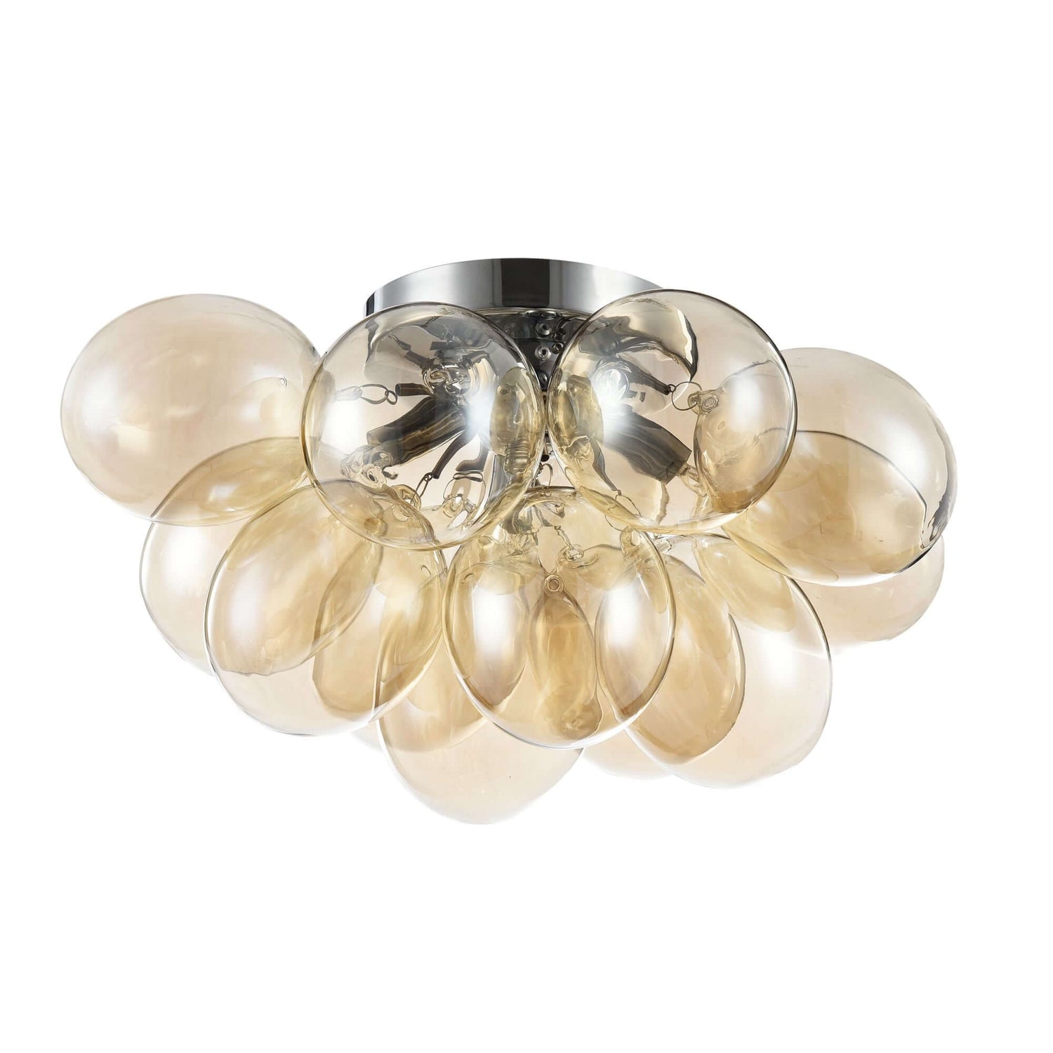 Maytoni Deckenleuchte Balbo in Nickel with cognac-toned glass lampshades, dimmable, Ø38cm, model showcasing modern design.