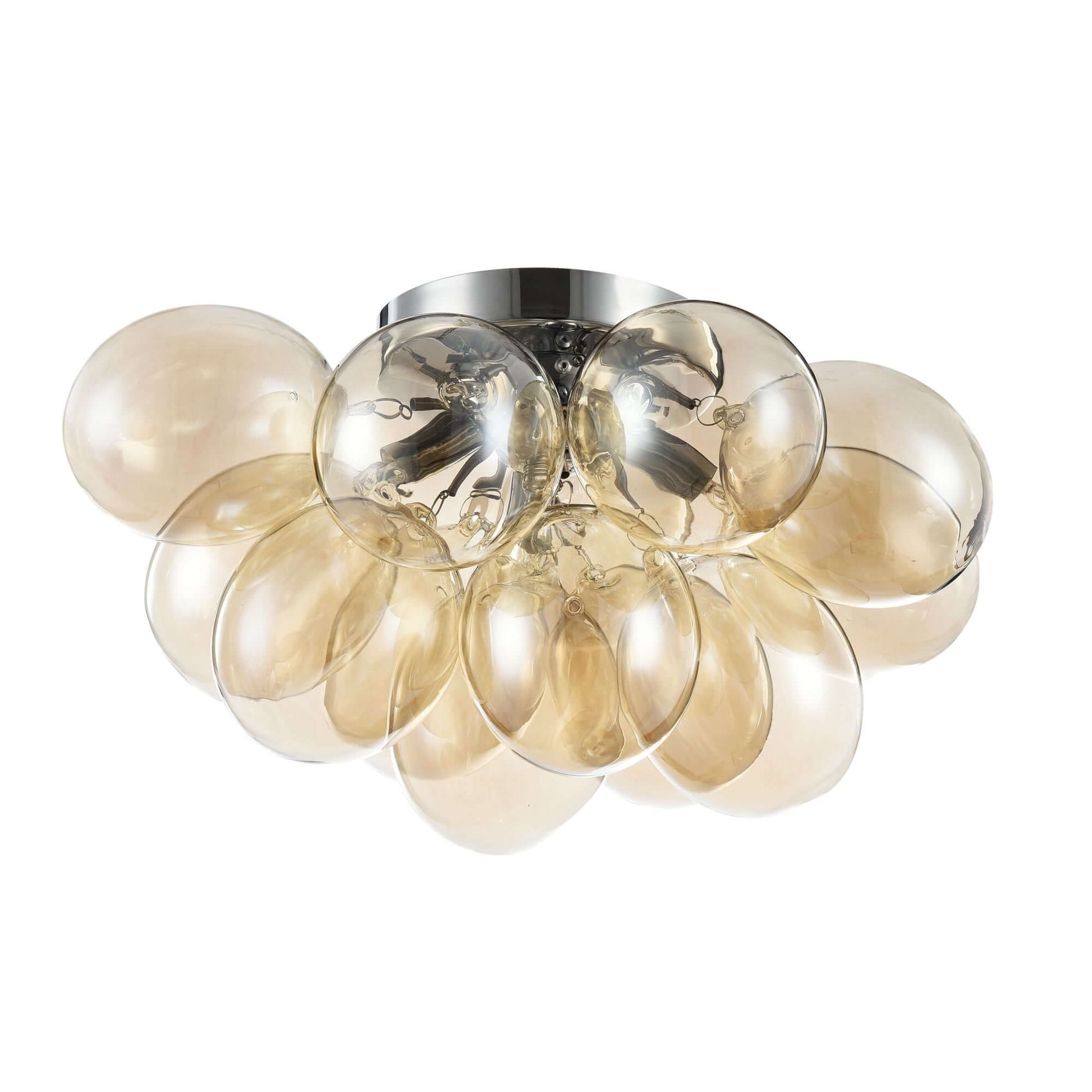 Maytoni Deckenleuchte Balbo in Nickel with cognac-toned glass lampshades, dimmable, Ø38cm, model showcasing modern design.