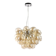 Maytoni Balbo nickel pendant light with cognac glass shades and dimmable feature, adjustable height from 40cm to 170cm, 50cm diameter.