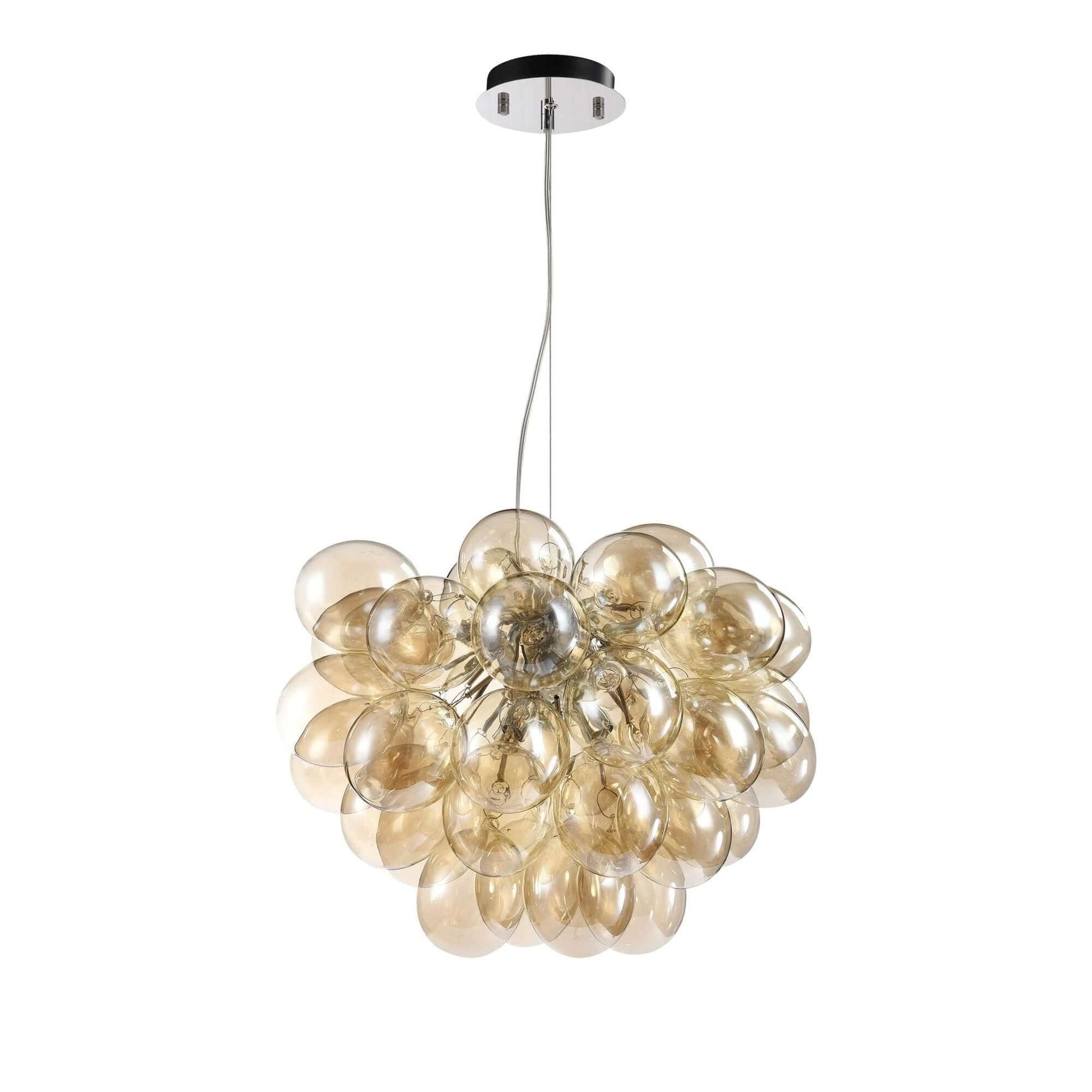 Maytoni Balbo nickel pendant light with cognac glass shades and dimmable feature, adjustable height from 40cm to 170cm, 50cm diameter.