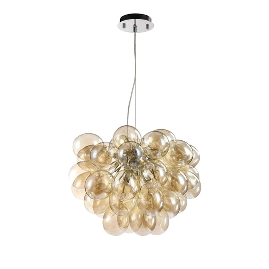 Maytoni Balbo nickel pendant light with cognac glass shades and dimmable feature, adjustable height from 40cm to 170cm, 50cm diameter.
