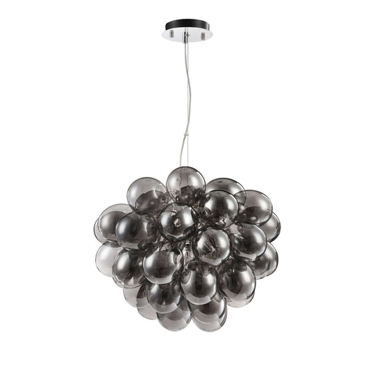 Maytoni Pendelleuchte Balbo Nickel with smoky glass bubbles, adjustable height up to 170cm, Ø50cm, dimmable, featuring 8 G9 lights.