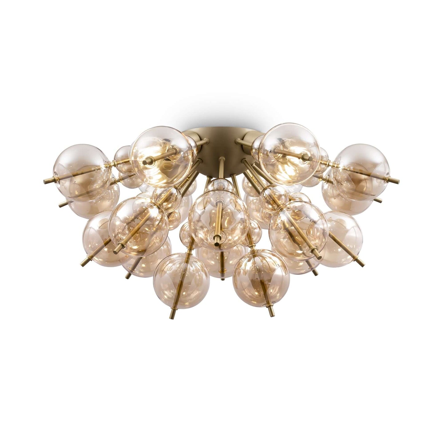Maytoni Deckenleuchte Bolla Gold with amber glass and brass finish, featuring dimmable lights and a sculptural design.