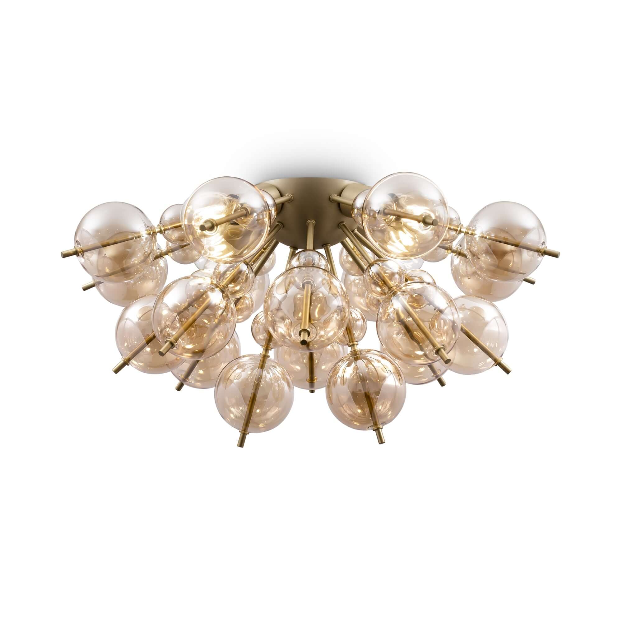 Maytoni Deckenleuchte Bolla Gold with amber glass and brass finish, featuring dimmable lights and a sculptural design.