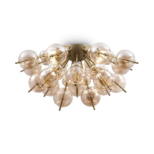 Maytoni Deckenleuchte Bolla Gold with amber glass and brass finish, featuring dimmable lights and a sculptural design.