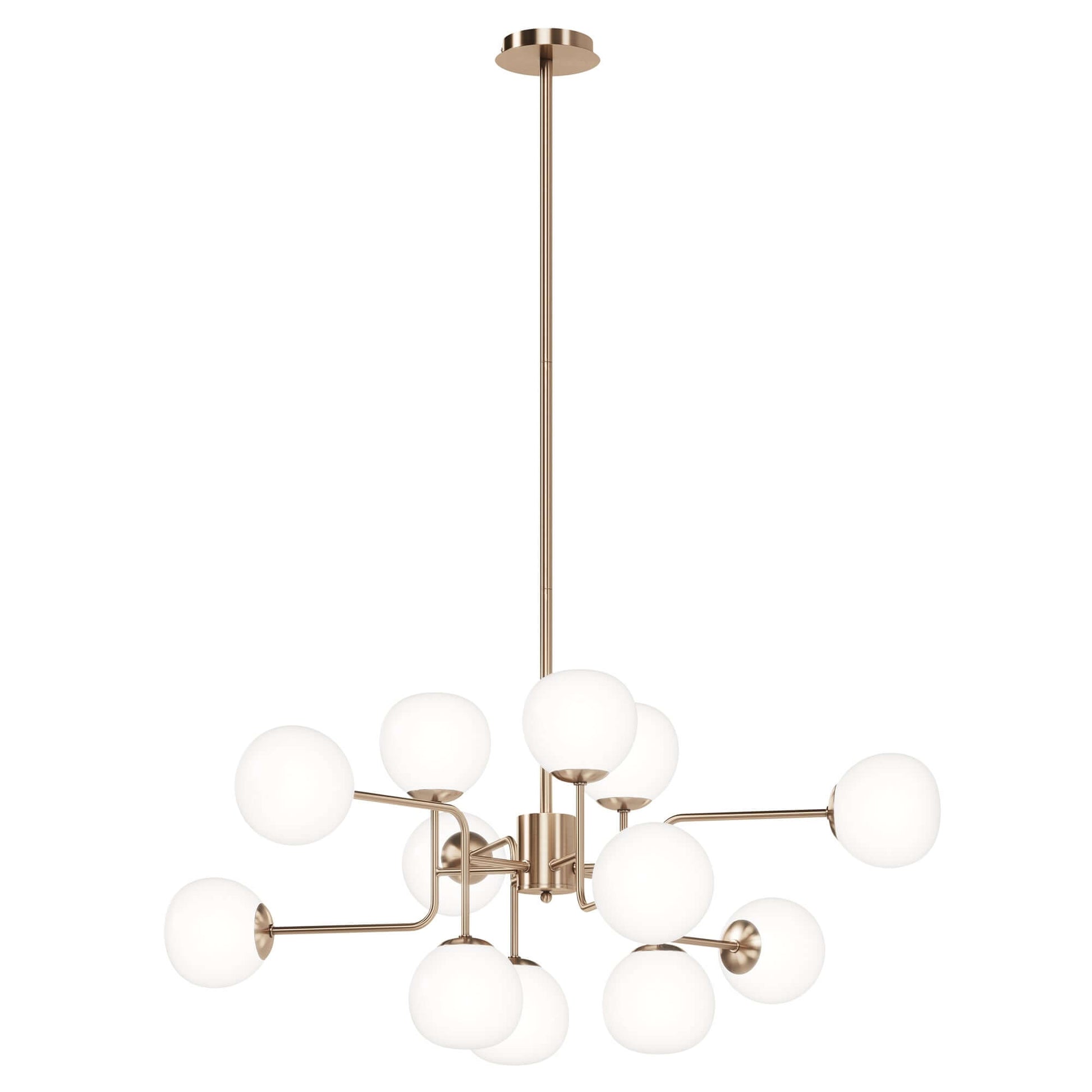 Maytoni Pendelleuchte Erich 12 Leuchten in Brass Gold with white glass shades, adjustable height, E14 socket, elegant design.