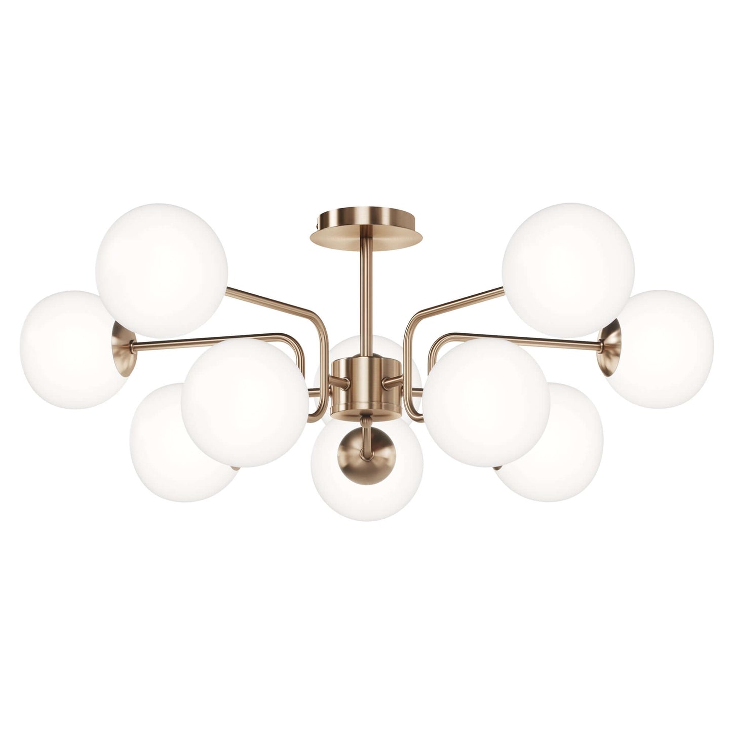 Maytoni Erich Brass ceiling light with 10 dimmable globes, brass gold metal, white blown glass, 34cm height, Ø90.7cm diameter.