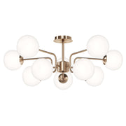 Maytoni Erich Brass ceiling light with 10 dimmable globes, brass gold metal, white blown glass, 34cm height, Ø90.7cm diameter.