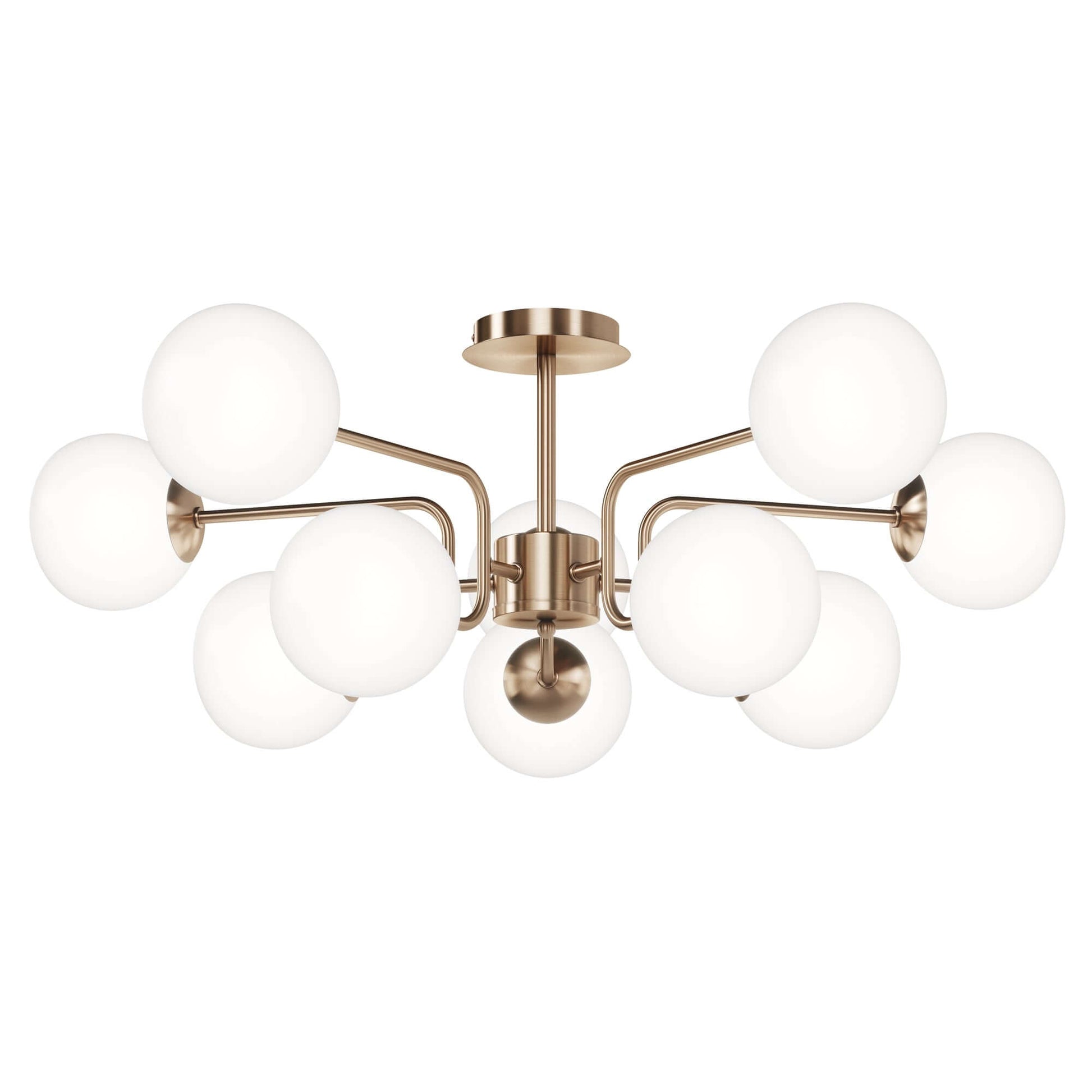 Maytoni Erich Brass ceiling light with 10 dimmable globes, brass gold metal, white blown glass, 34cm height, Ø90.7cm diameter.
