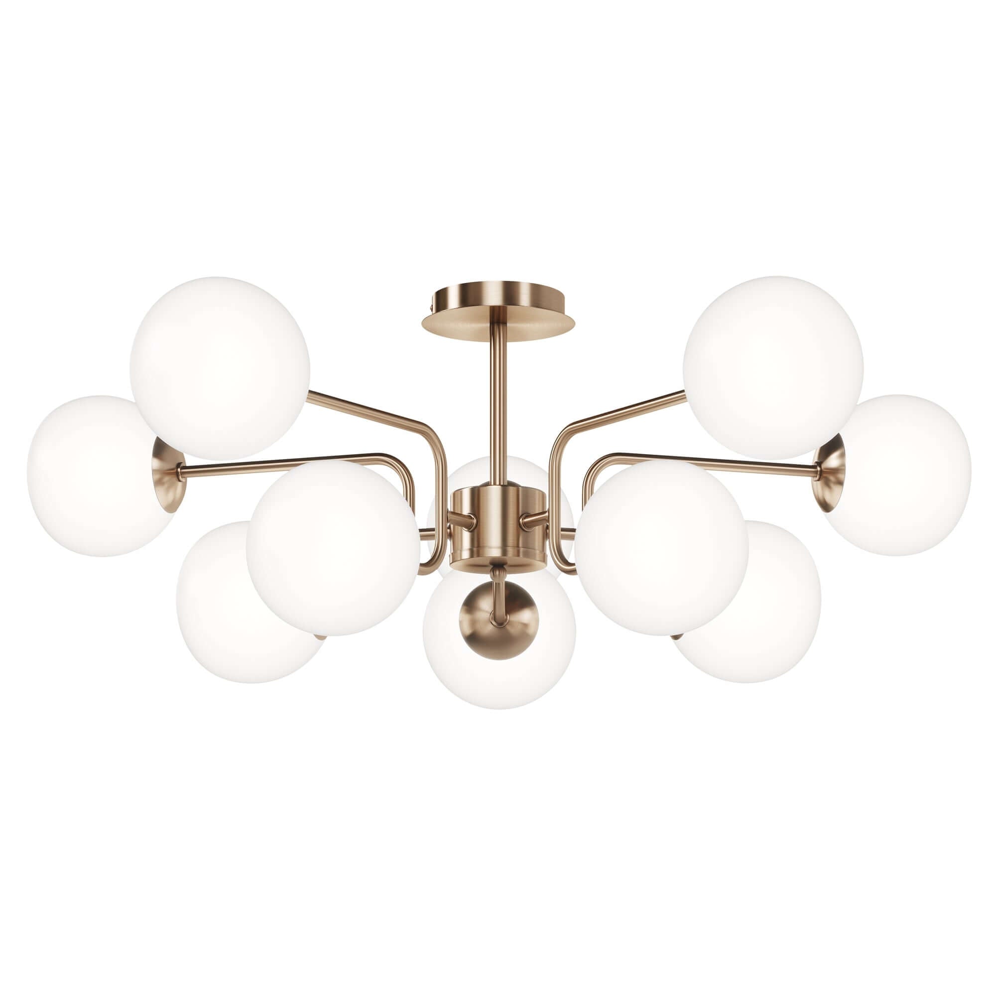 Maytoni Erich Brass ceiling light with 10 dimmable globes, brass gold metal, white blown glass, 34cm height, Ø90.7cm diameter.