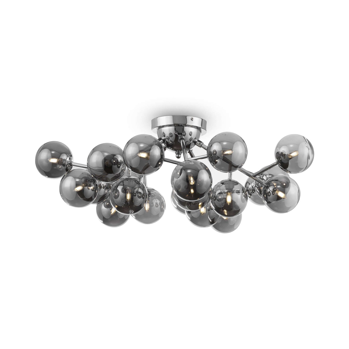 Maytoni Deckenleuchte Dallas Chrom groß with smokey gray glass globes, dimmable G9 sockets, 22.5cm height, 75cm diameter.