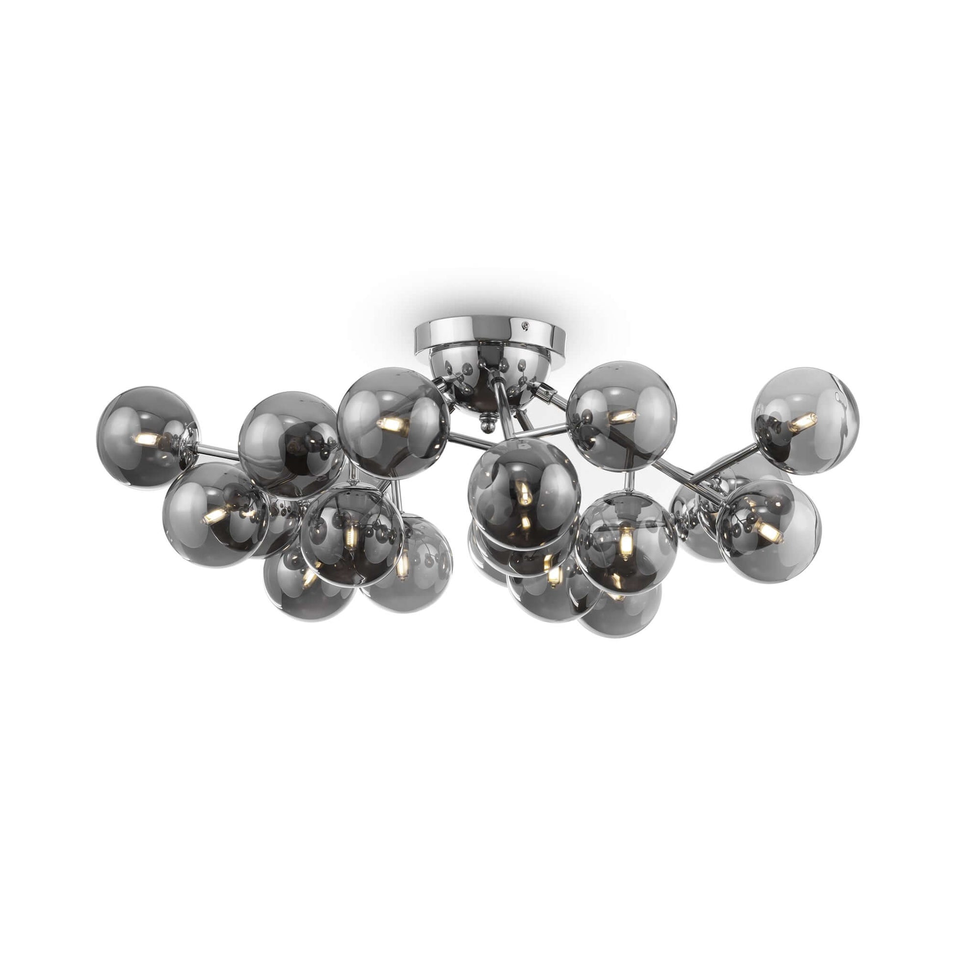 Maytoni Deckenleuchte Dallas Chrom groß with smokey gray glass globes, dimmable G9 sockets, 22.5cm height, 75cm diameter.