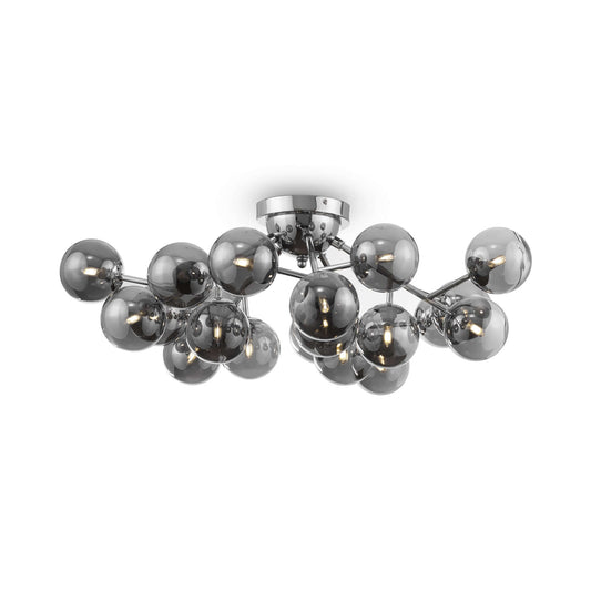 Maytoni Deckenleuchte Dallas Chrom groß with smokey gray glass globes, dimmable G9 sockets, 22.5cm height, 75cm diameter.