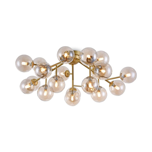 Maytoni Deckenleuchte Dallas Gold groß with amber glass globes and gold metal, dimmable with 20 G9 bulbs, 22.5cm height, Ø75cm diameter.