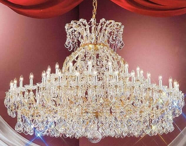 Gold crystal chandelier with 49 lights, 185cm diameter, featuring high-quality lead crystals and adjustable chain height.