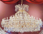 Gold crystal chandelier with 49 lights, 185cm diameter, featuring high-quality lead crystals and adjustable chain height.