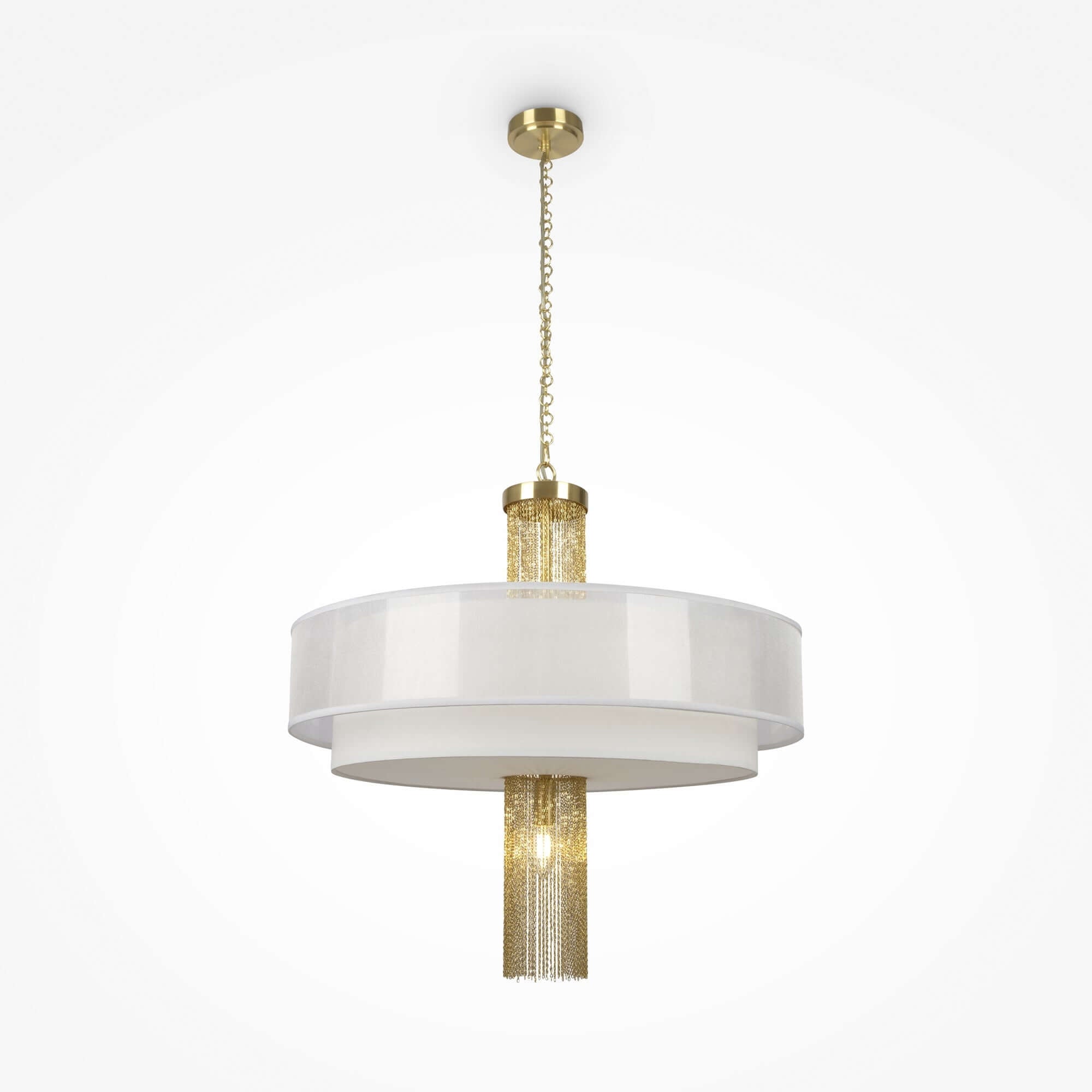 Maytoni Pendelleuchte Impressive Gold with white fabric shade, gold stainless steel accents, and decorative chains, dimmable lighting.