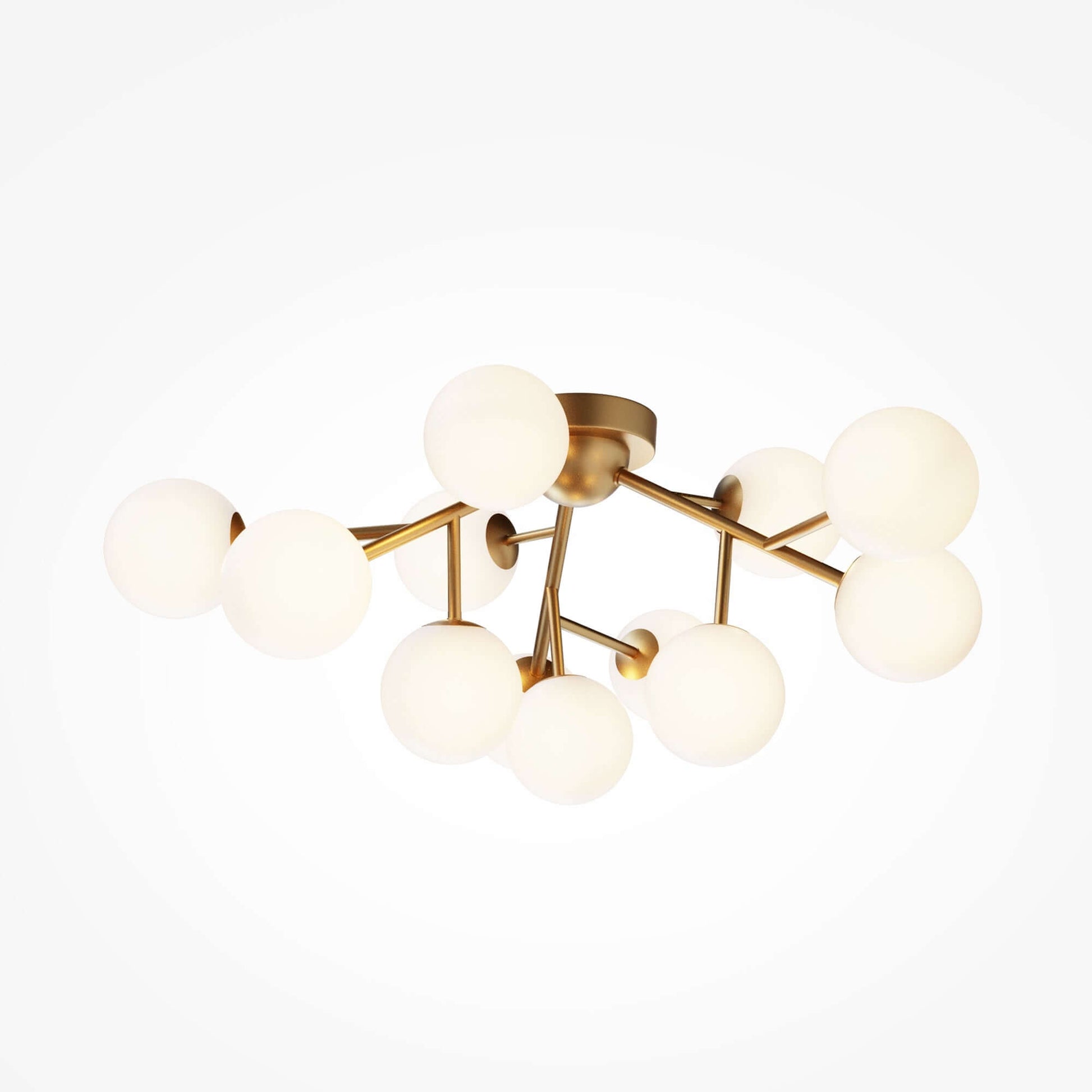 Maytoni Deckenleuchte Dallas Gold klein with 12 matte white glass globes and gold finish, dimmable ceiling lamp, Ø60cm, 20cm height.