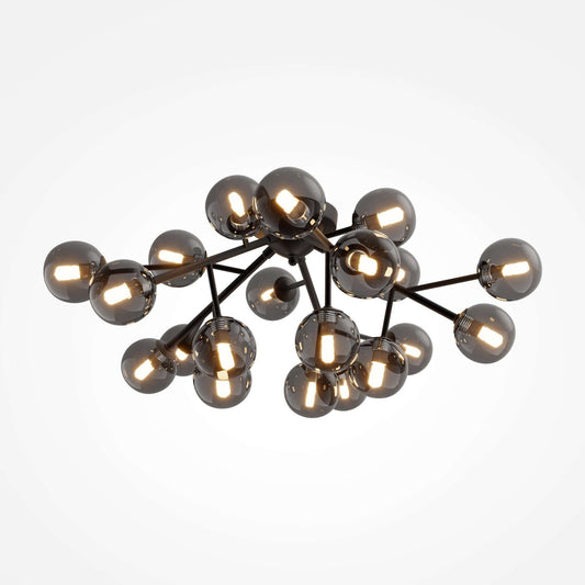 Maytoni Deckenleuchte Dallas Schwarz groß, dimmable ceiling lamp with smokey grey glass spheres, metal frame, 20 lights, G9 sockets.