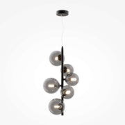 Modern Maytoni Dallas black pendant light with six dimmable smoky grey glass shades in a sleek metal frame.